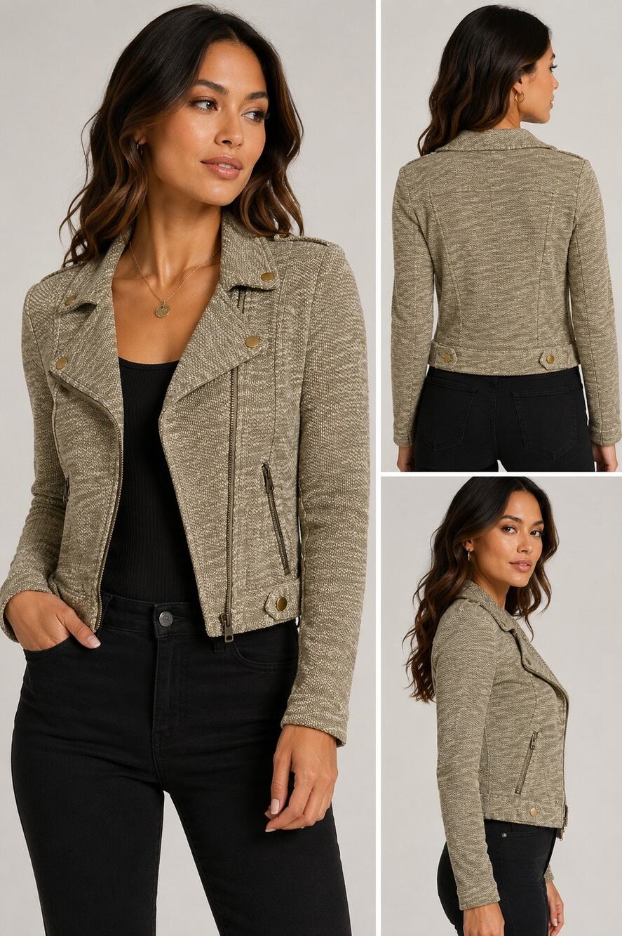 Lilla P Cotton Terry Moto Jacket Olive Heather Asymmetrical Zip Size Small